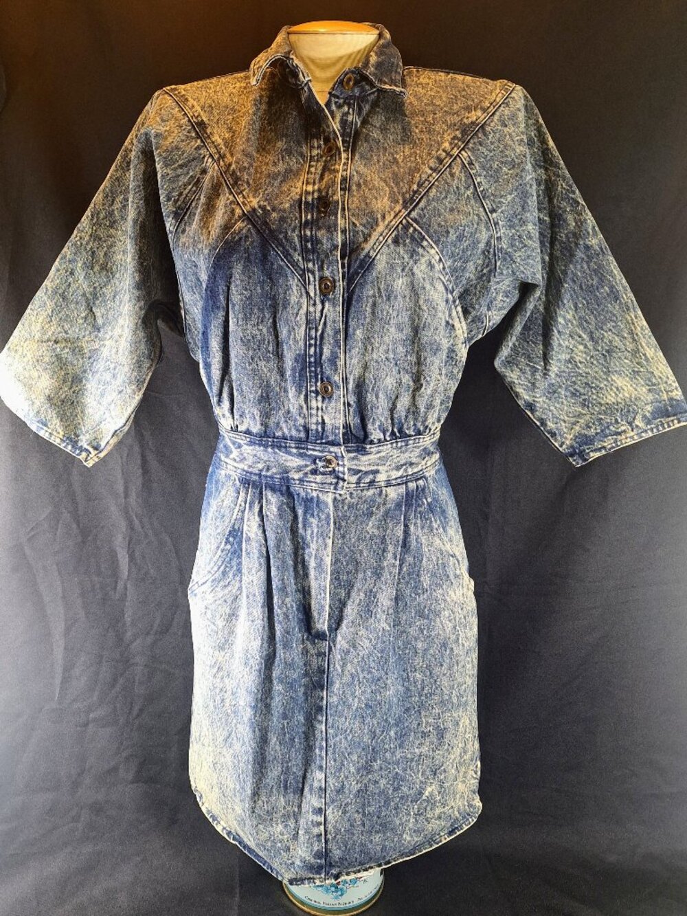Vintage 80s Oops California Denim Acid Wash Midi Dress Button Shoulder Pads 9/10